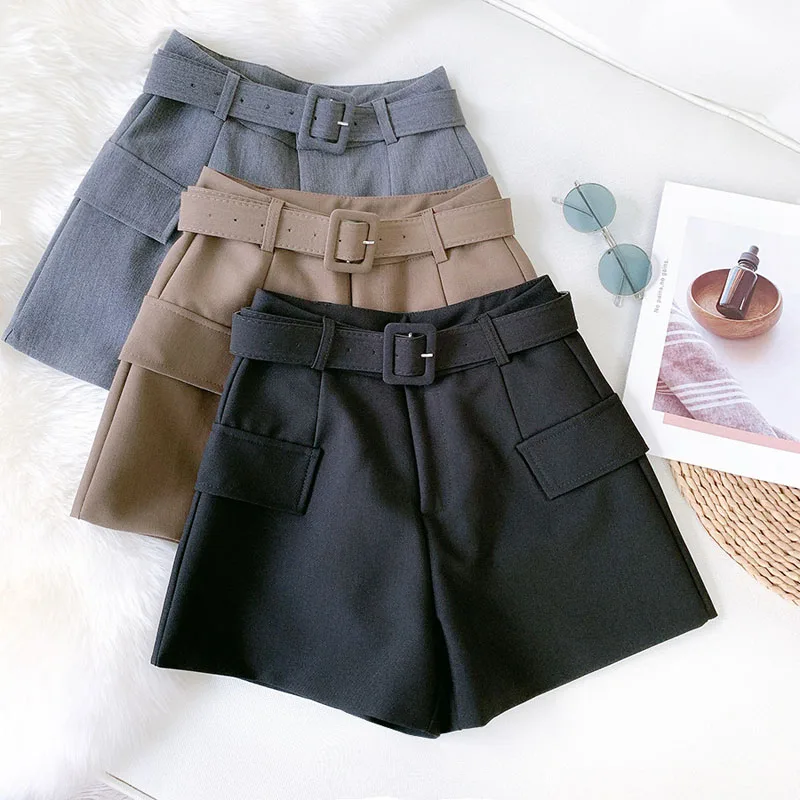 Wasteheart Autumn New Black Khaki Gray Polyester Shorts Women High Waist Camel Short Bottom Zipper Sashes England Style Formal