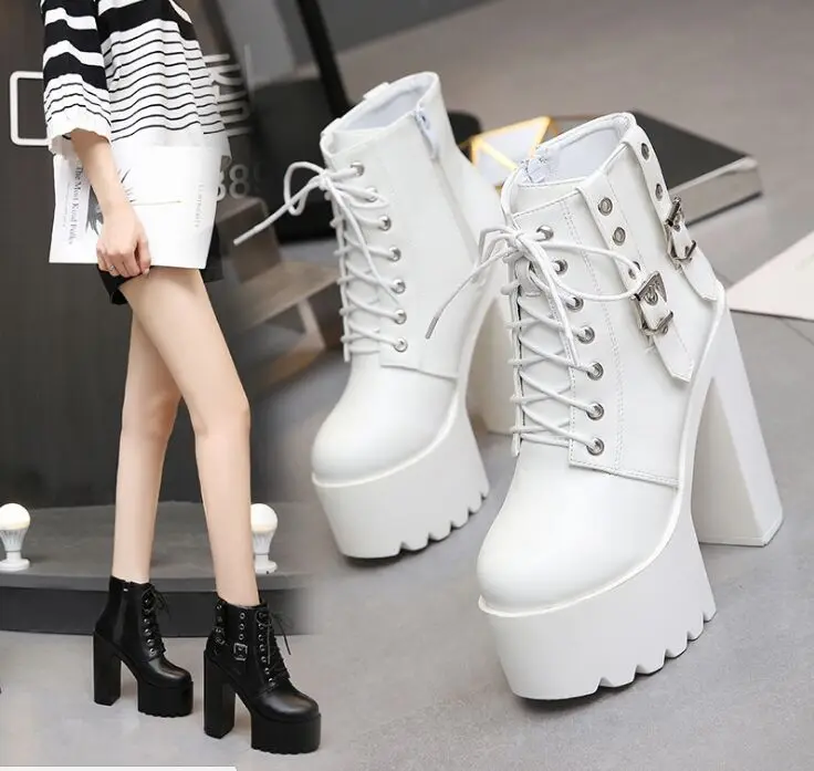 

Women Black White Ankle Boots 14cm Super High Heels Square Heels Boots Zip Rivet Insole Sexy Women Boots