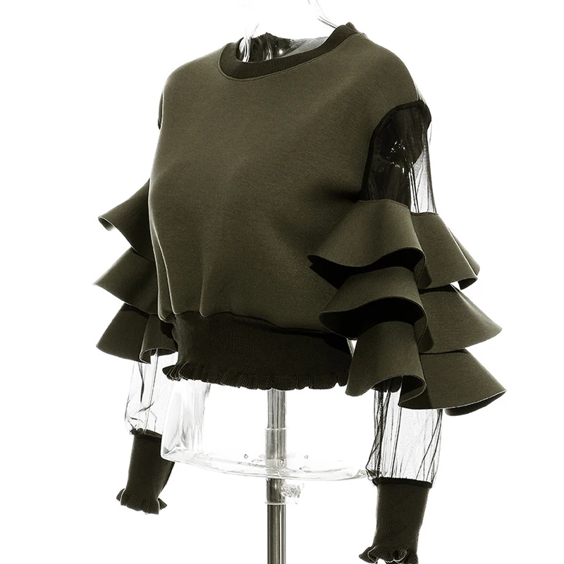 Mesh Women Cropped Sheer Sweatshirt Ruffles Short