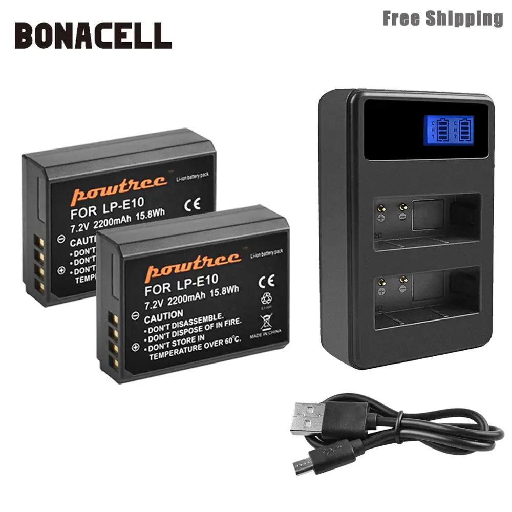Bonacell 2200 мАч LP-E10 LP E10 LPE10 Аккумулятор для камеры+ ЖК-зарядное устройство для Canon 1100D 1200D 1300D Rebel T3 T5 KISS X50 X70 аккумулятор L50 - Цвет: 2XBattery Charger