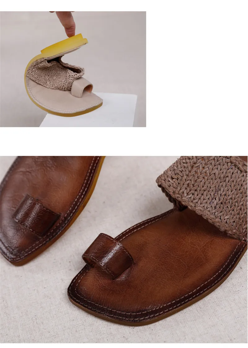 Original Summer 2020 New Clip Toe Flat Slippers Shoes Woman Vintage  Genuine Leather Slides Hand-Woven Ladies Flip Flops Sandals (16)