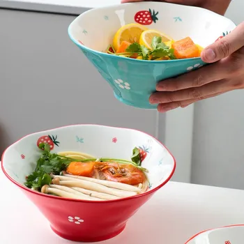 

Cute Strawberry Bowl Single Hat Bowl Japanese Ramen Bowl Large Soup Bowl Home Net Red Salad Dessert Trumpet Bowl