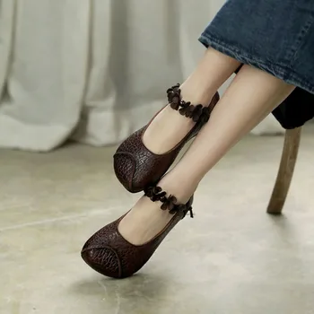 

Women Leather Flats Flower Loafers Black Spring Shoes For Women Soft Bottom Genuine Lether Retro Mary Jane Flats Handmade 2020