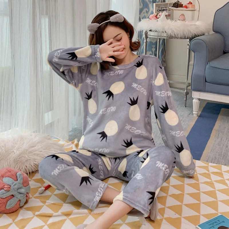 Новые женские пижамные комплекты, зимняя Милая одежда для сна с длинными рукавами и рисунком из мультфильма, пижамы для девочек, Mujer, Коралловая бархатная ночная рубашка, одежда для сна для взрослых - Цвет: gray pineapple