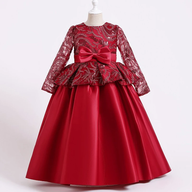 Girls Dress Satin Bowknot Printed For Flower Girl Party