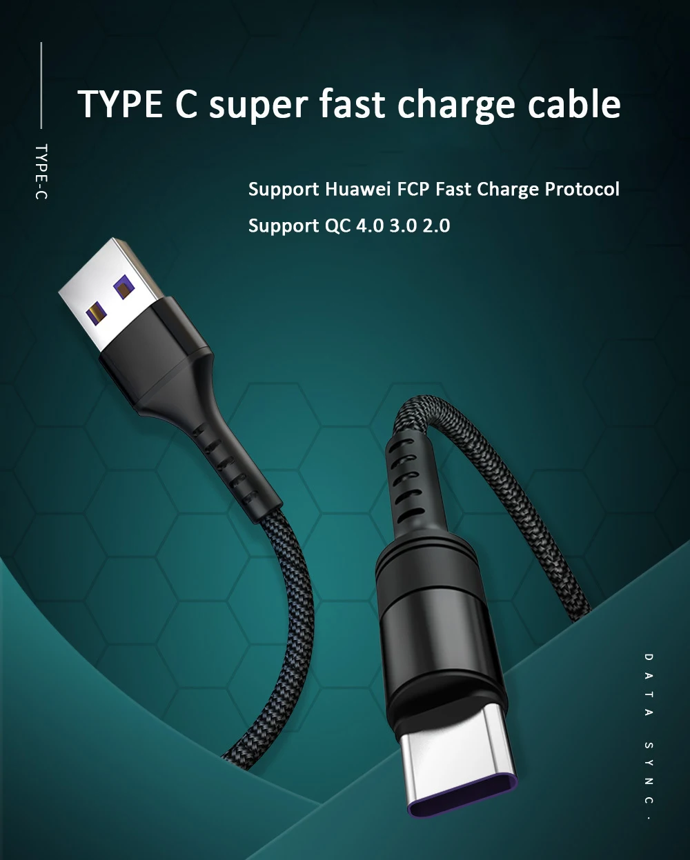 Кабель usb type c для huawei P9/P10/P20/P30pro FCP 5A Быстрая зарядка QC4.0 3,0 нейлоновый переплет кабель передачи данных 1 м/1,5 м/2 м