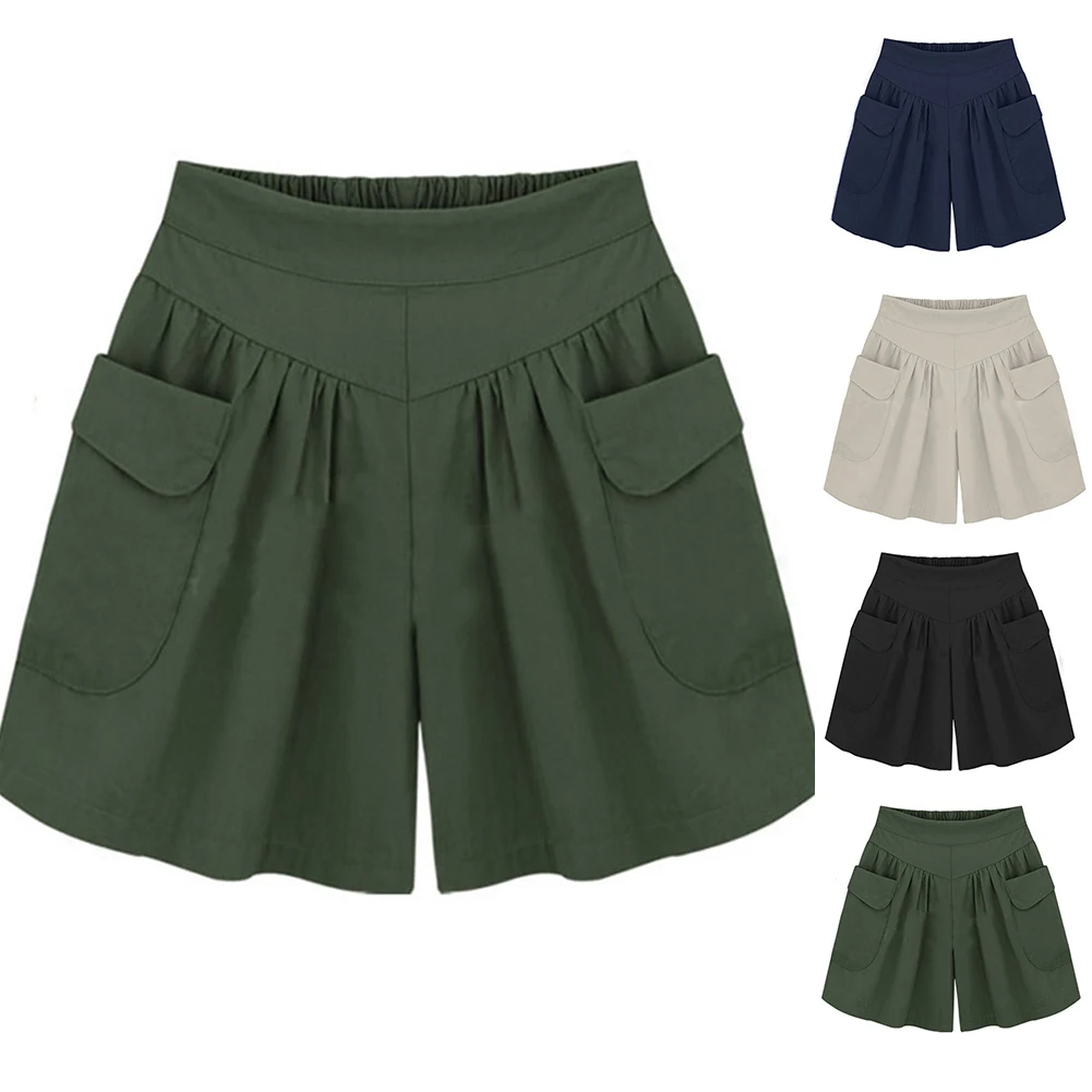 Повседневная обувь; Tallas grandes; Цвет sólido Mujeres Pantalones anchos sueltos Pantalones cortos con bolsillos