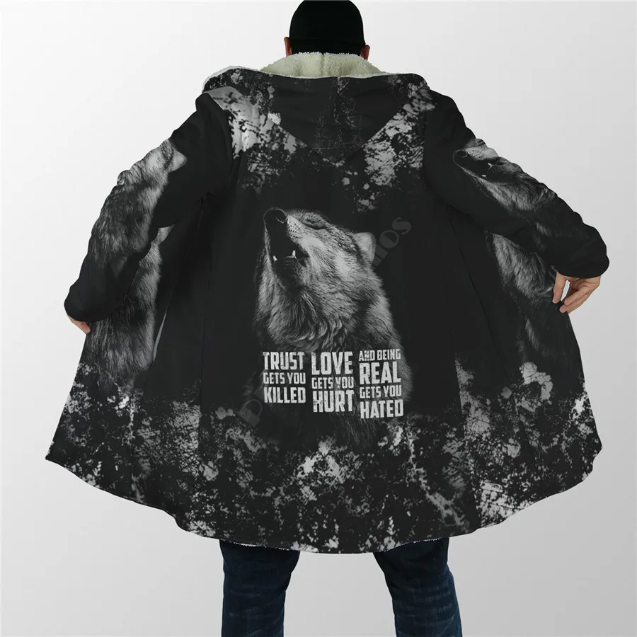 Winter Men For Women Hooded Cloak Darkness Wolf Love Gets you Hurt 3D All Over Prined Fleece wind breaker Warm Hood Cloak