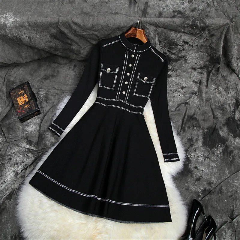 Новое Брендовое модное дизайнерское осеннее платье для подиума женское Vestidos с длинными рукавами и пуговицами, однотонные короткие вязаные платья-свитера Aline