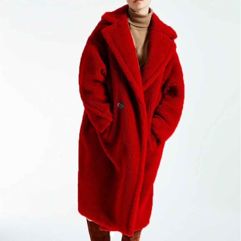 Зимнее женское пальто из искусственного меха, длинное теплое пальто с отворотом, искусственный мех, плюшевый медведь, черная Толстая Меховая куртка размера плюс, женские красные пушистые меховые куртки