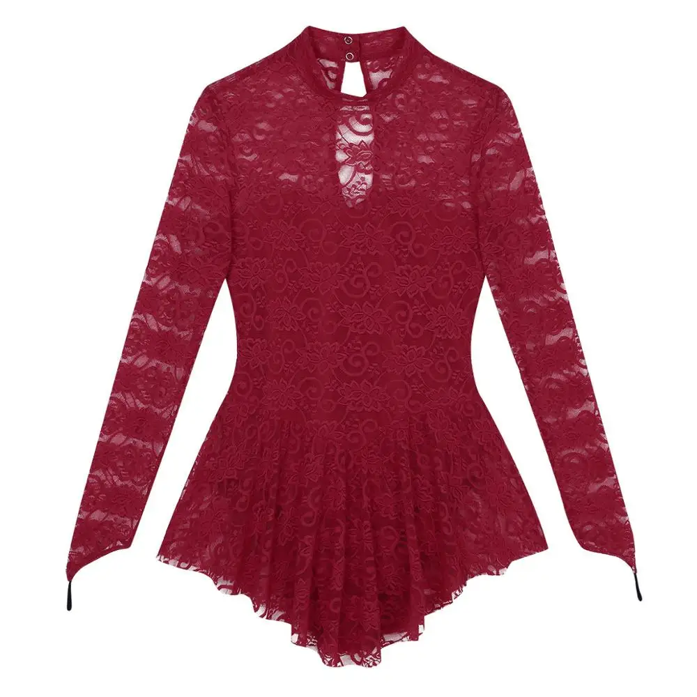 Adult Mock Neck Long Sleeve Soft Lace Ballet Gymnastics Leotard Women Figure Ice Skating Dress Competition Dance Costume