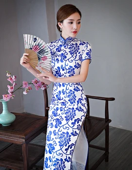 

Plus Size 5XL customizable cheongsam new improved Chinese blue and white porcelain cheongsam fashion Slim fit Qipao dress