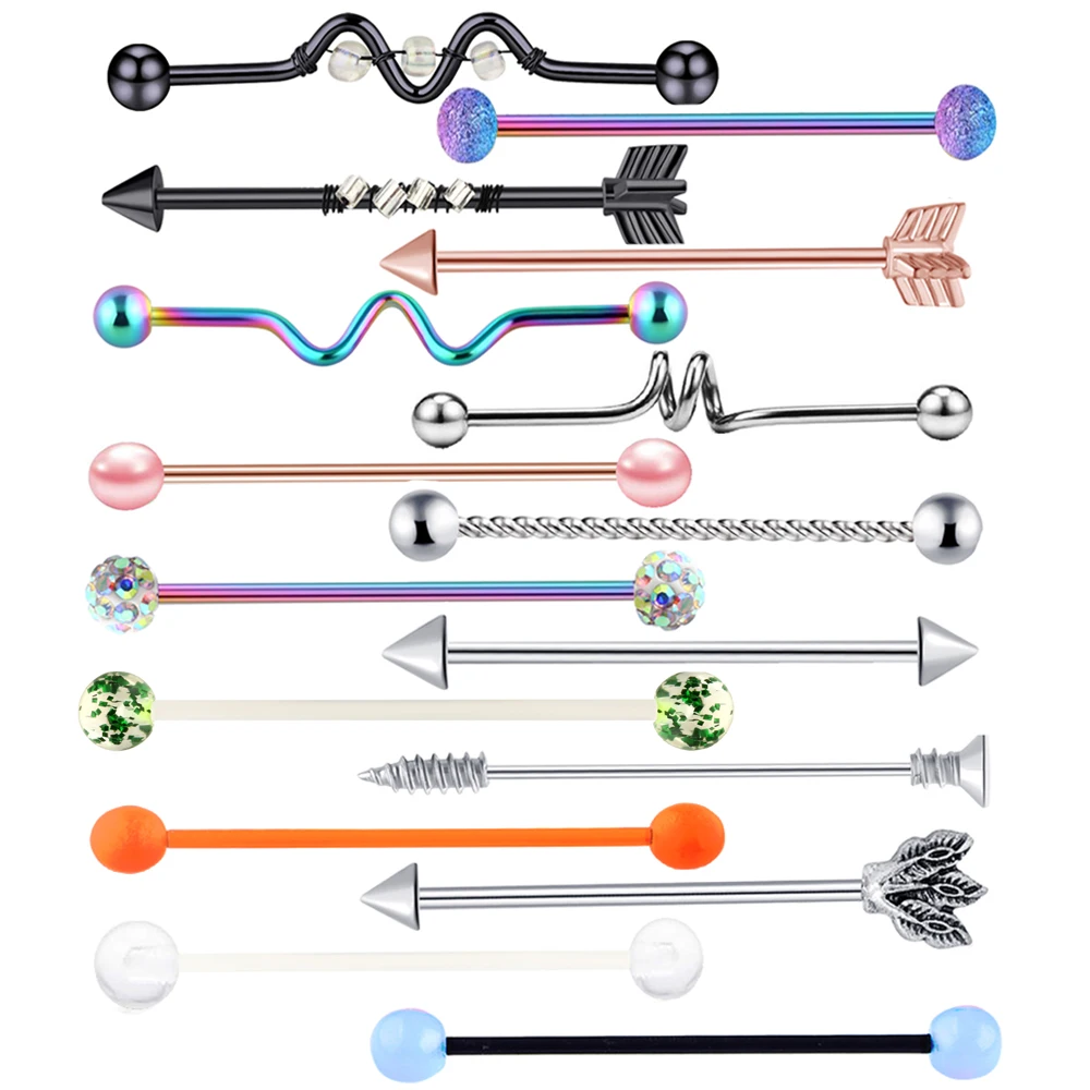1PC 14G 316L Stainless Steel Industrial Barbell Opal Key Earring For Women Men Cartilage Helix Body Piercing Jewelry 38mm Length | Украшения