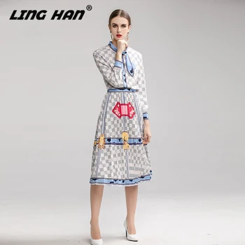 

LINGHAN Fashion Plaid Print Sets Women Long sleeve Bow Shirt Top+ Big pendulum Pleated skirt Two-piece set Designer Autumn New