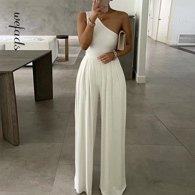 Wefads Women Jumpsuit Summer Sexy One Shoulder Bodysuit Bodycon Romper 2021 Elegant Office Soild Sleeveless White