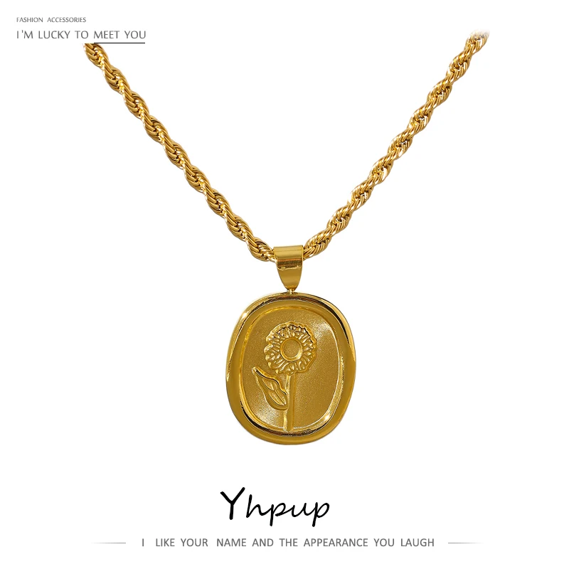 Yhpup Stylish Oval Flower Pendant Chain Necklace Stainless Steel Statement Necklace цепочка на шею женская Jewelry Party Gift