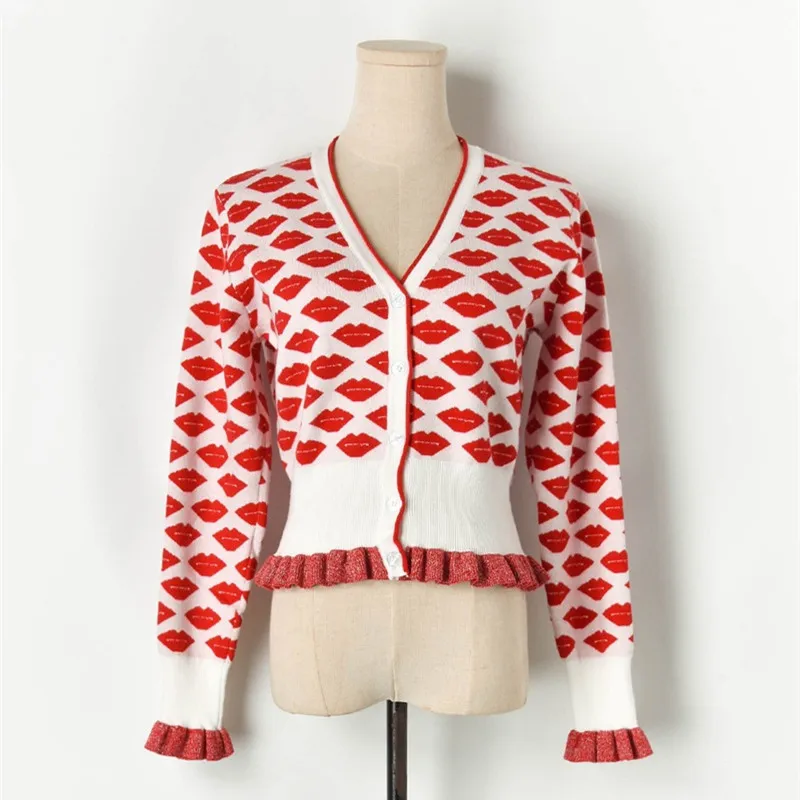 Роскошный брендовый дизайнерский вязаный кардиган для женщин Causel с v-образным вырезом контрастного цвета красная губа жакардовое с завышенной талией вязаный свитер