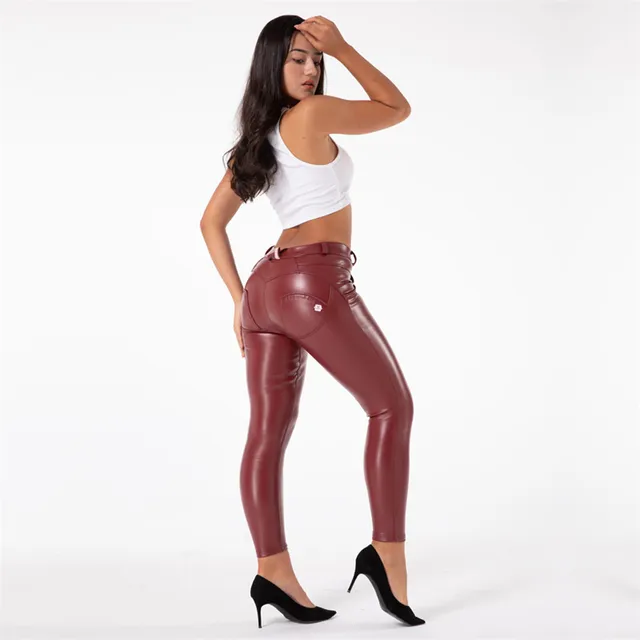 Shascullfites Melody middle waist shinning wine red leather leggings lift  pants