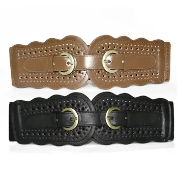 

Women New Design Fashion Brown needle buckle width Belt Waist Ladies Dress Alloy and Pu Pure Color Vintage Slim Embossing Belt