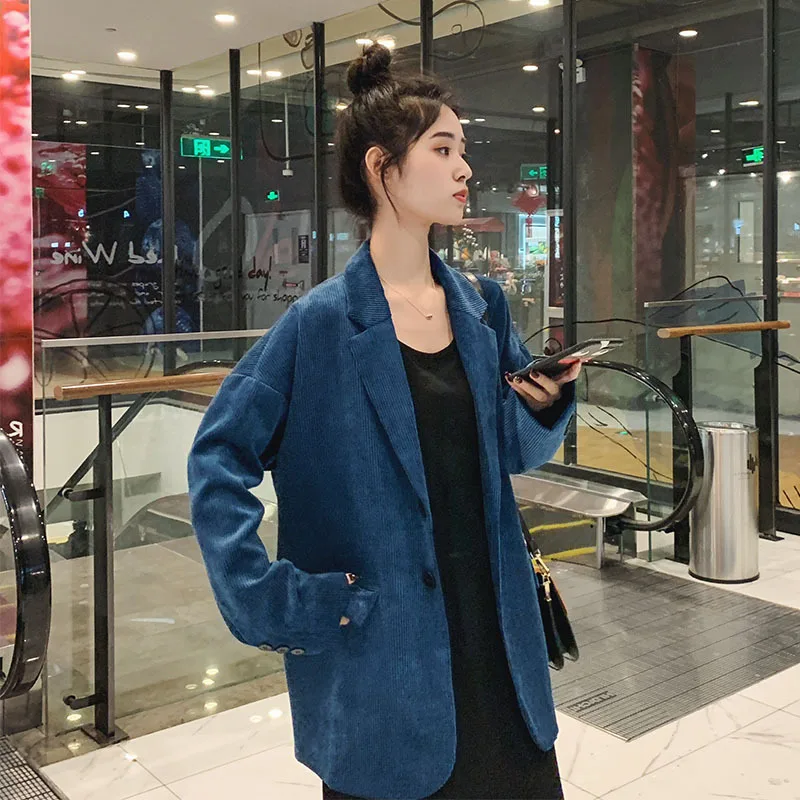 

Photo Shoot 2020 Spring New Style Retro Haze Blue Corduroy Small Suit Coat Women's Fashion Loose Hong Kong Flavor Suit