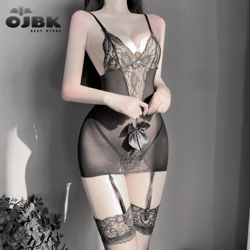 

OJBK Women Lace V-Neck Maid Dress Perspective Backless With Garter Belt Stockings Sexy Lingerie Black Temptation Sleepwear 2021