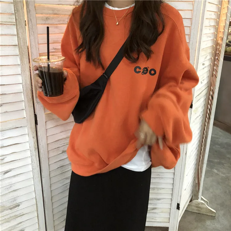 Hoodies Women O-Neck Simple Korean Style Thicker Warm Loose Long Sleeve Pullover Students Harajuku Streetwear Womens Casual Chic - Цвет: orange