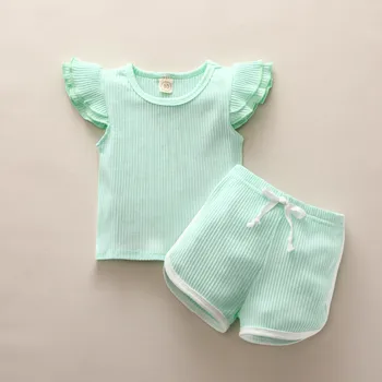 

Cotton Children Sets Baby Girls Ruffles Fly Sleeve Solid Pit Print Tops+Lace Up Shorts Outfits Summer Comfy Casual Clothes Sets