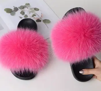 

YEELOCA 2020 Women Summer Casual Fur Slippers a001 Flat Non-slip Solid Real Fox hair Slide Slippers FR654