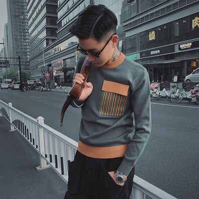

2019 winter new men's round neck sweater Japanese casual hit color bottoming sweater youth slim pullover sweater men