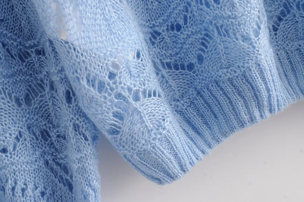 ZA сплошной цвет ажурный свитер для женщин круглый воротник длинный рукав ребристый слой дизайн осень зима свитер