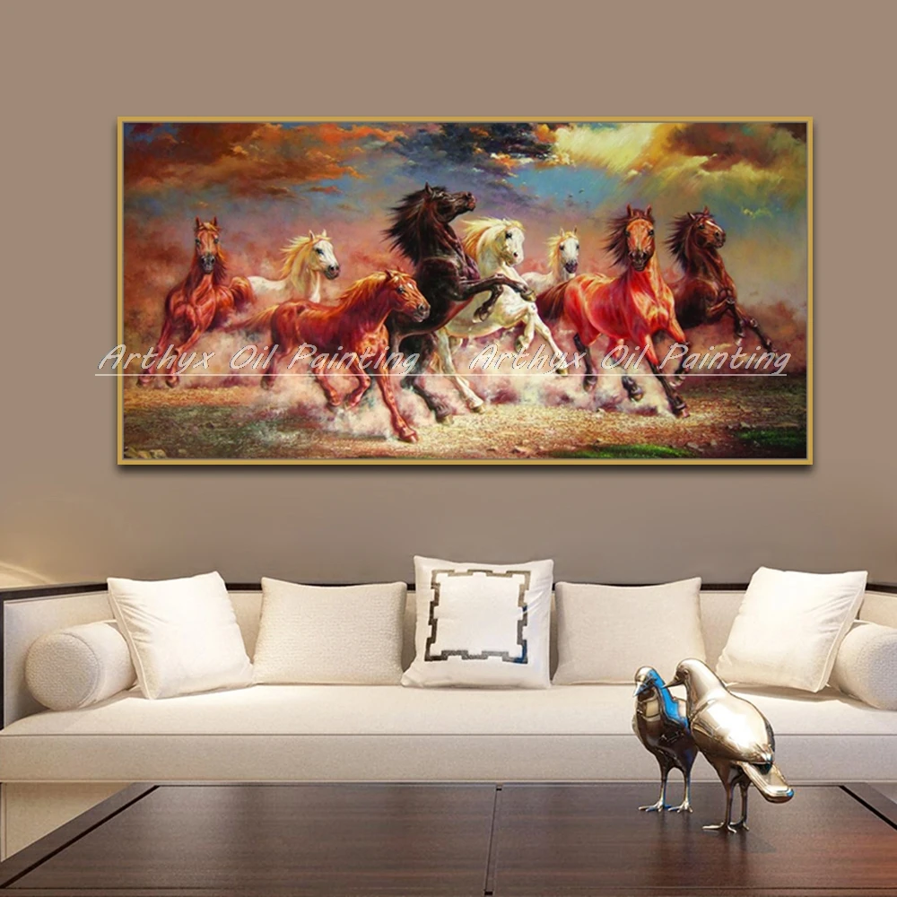 Hand Painted Eight Horses Oil Painting On Canvas Atmosphere Murals