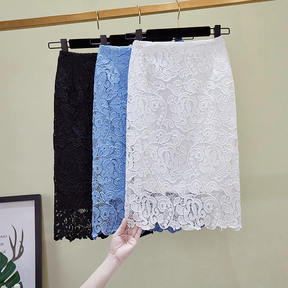 

2020 summer hollow lace temperament package hip skirt slim slim Knee-Length Casual Polyester Pencil Solid