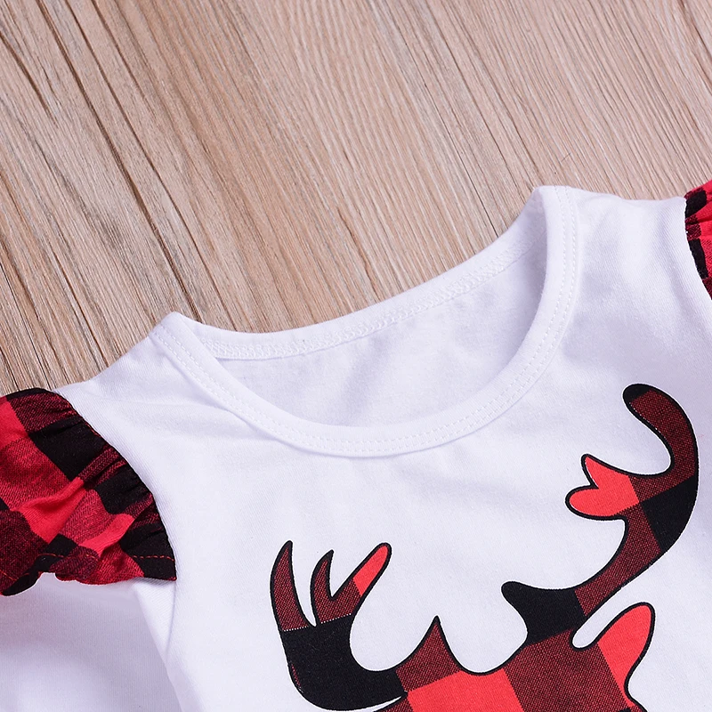 Милый топ с длинными рукавами и принтом оленя, комплект из клетчатых штанов и повязки на голову, с круглым воротником, украшенный бантом, с оборками, для маленьких девочек