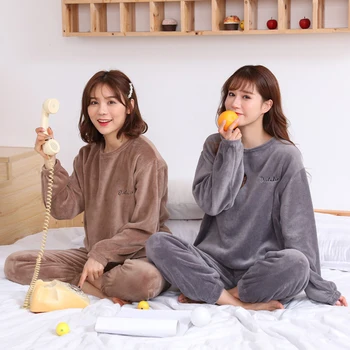 

Women Flannel Pyjamas Sets Autumn Winter Warm Thick Coral Velvet Long Sleeve Cartoon Sleepwear Flannel Pajamas Set for Girl
