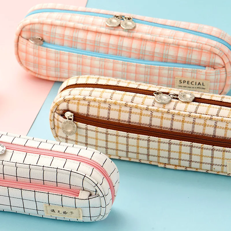 

Large Capacity Japanese Minimalist Canvas Pen&Pencil Case INS Color Plaid Dots Storage Bag Stationery Office School Supply H6531
