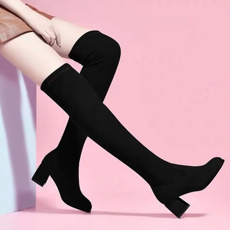 

Black Elastic Flock Slim Fit Over The Knee Boots Women 2020 New Fashion Winter Ladies High Heel Warm Plush Long Thigh High Botas