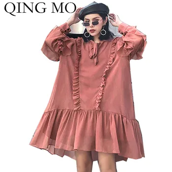 

QING MO Black Pink Women Ruffles Dress 2020 Fashion Women Spring Mesh Dress Female Full Sleeve A Line Dress ZQY3287