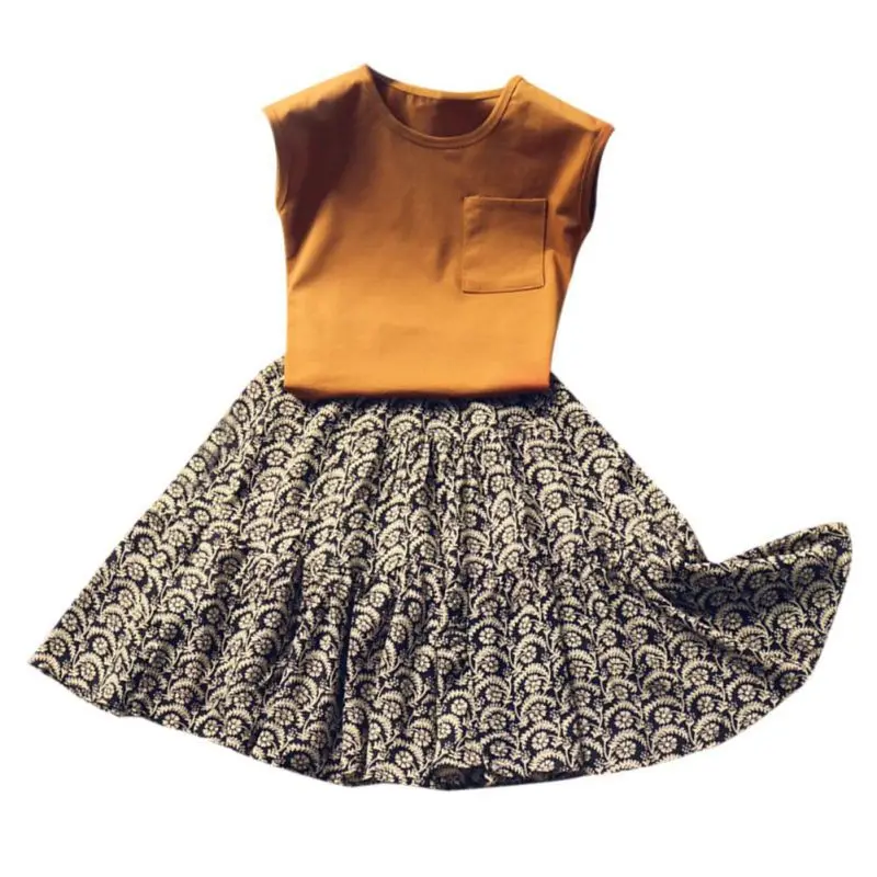 

Children Girls 2-7Y Clothes Set Cute Casual Summer Sleeveless Vest Tops T-shirt+Print Skirts Suits Costume Set For Baby GirlsA