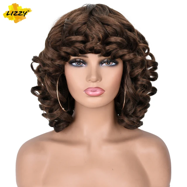 Short Hair Afro Curly Wig With Bangs Loose Synthetic Cosplay Fluffy Shoulder Length Natural Wigs For Black Women Dark Brown 14