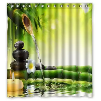 

Zen Garden Jasmine Flower Relaxation Green Bamboos Yellow Candles Decoration Shower Curtain Waterproof Bathroom Decor Polyester