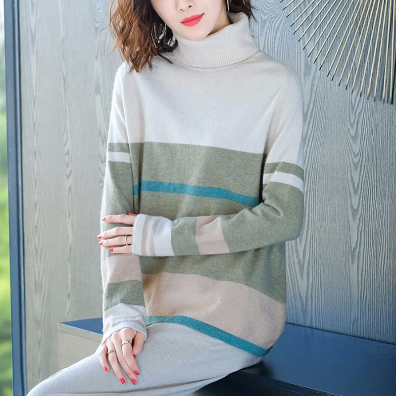 Color Matching Sweater Women's Loose High Neck Thick Sweater Women Long Sleeve Commute Turtleneck Knitted Tops Casual Pullover Color Matching Sweater Women's Loose High Neck Thick Sweater Women Long Sleeve Commute Turtleneck Knitted Tops Casual Pullover