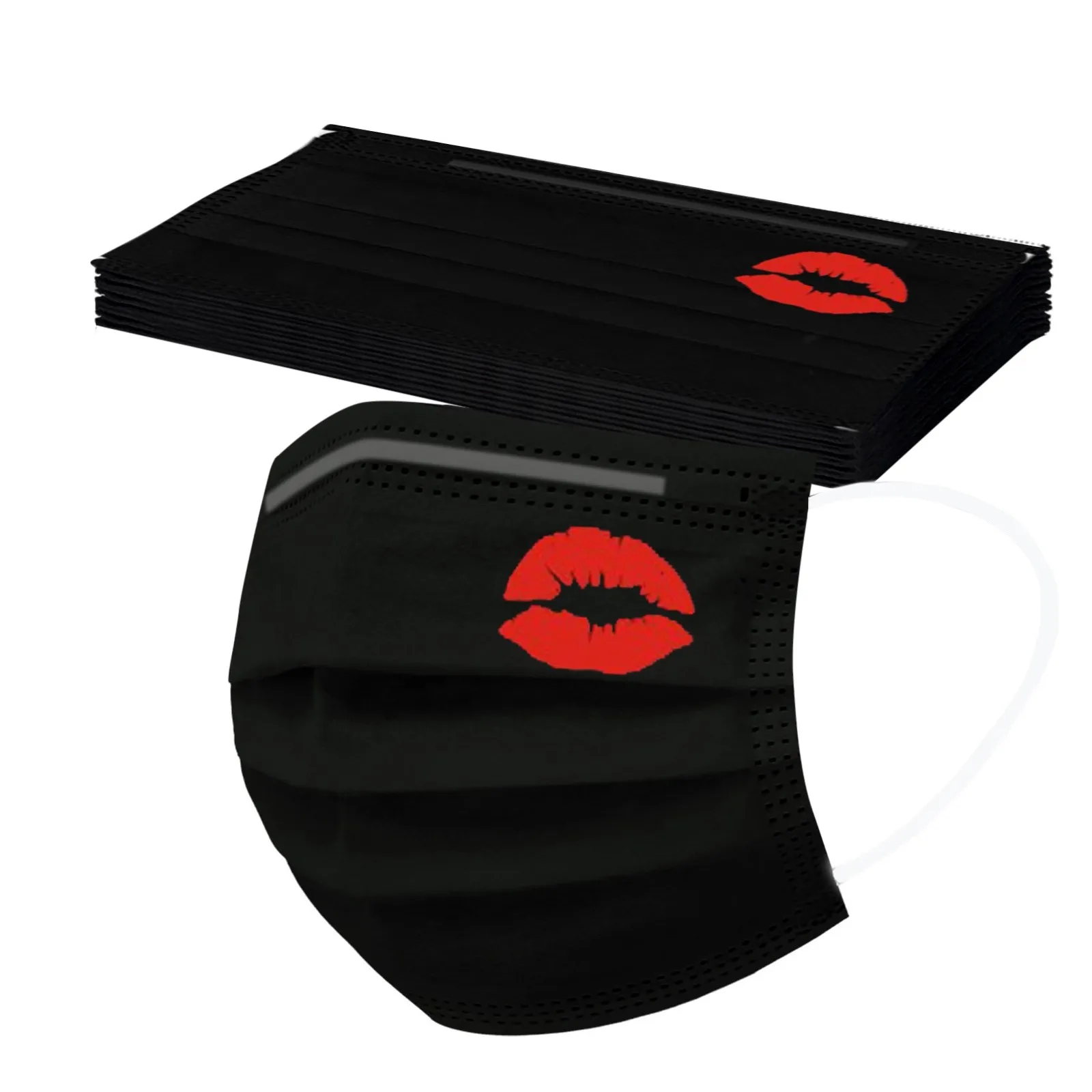 Face Mask 10pc Adult Black Print Red Heart Disposable 3 Layers Ear Loop Breathable