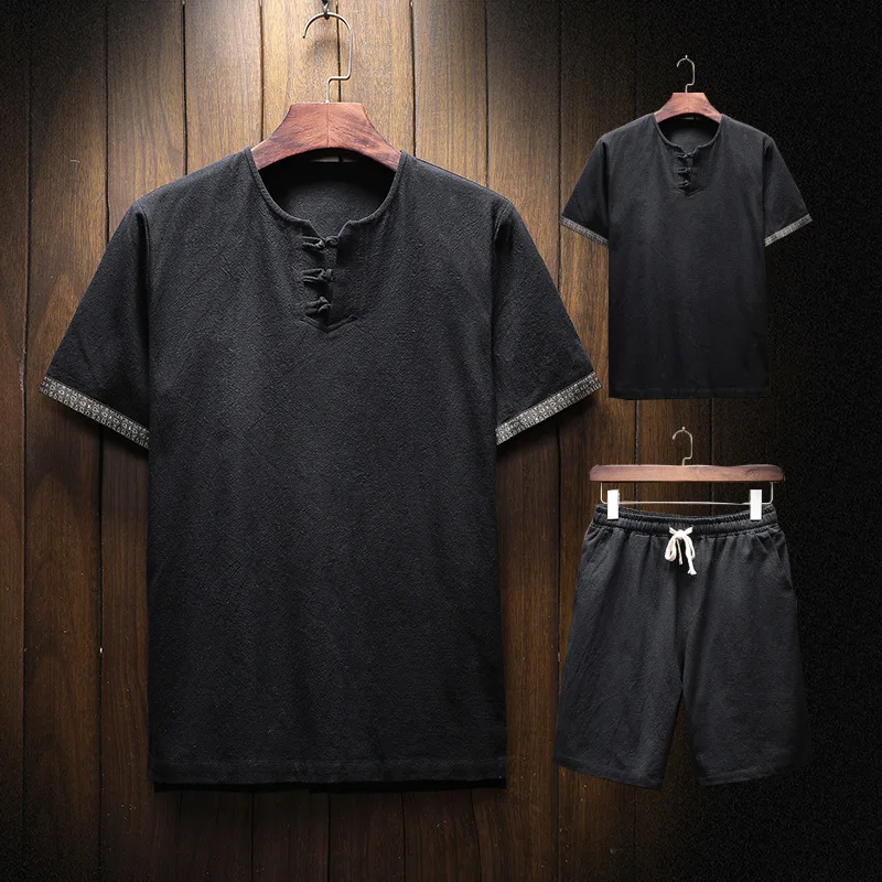 

New Style Summer Wear Chinese-style Flax Short Sleeve T-shirt Shorts Set Men Solid Color Frog Cotton Linen Casual Set