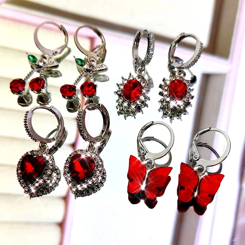 Flatfoosie 4Pcs/set Fashion Cherry Butterfly Drop Earrings for Women Multicolor Heart Geometric Crystal Earring Sets Jewelry | Украшения и