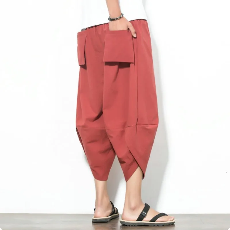 red Летние льняные мужские короткие брюки Pantalones Hombre Pantacourt Homme Модные свободные брюки с заниженным шаговым швом высокого качества для мужчин - Цвет: red