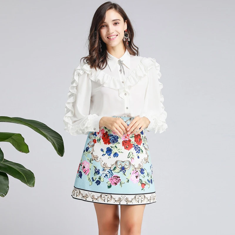 

Red RoosaRosee Designer High-end Autumn Two Pieces Set For Women Ruffle Full Sleeve White Blouse Top + Floral Print Skirt Suits