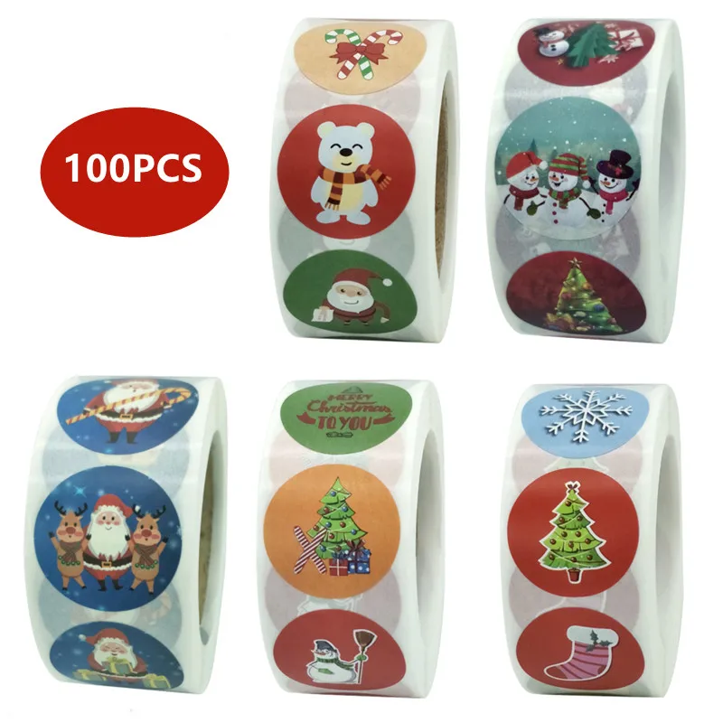 100pcs Merry Christmas Cartoon Stickers Small Label for Students and Kids Notebook stickers Circular Sticker | Канцтовары для офиса