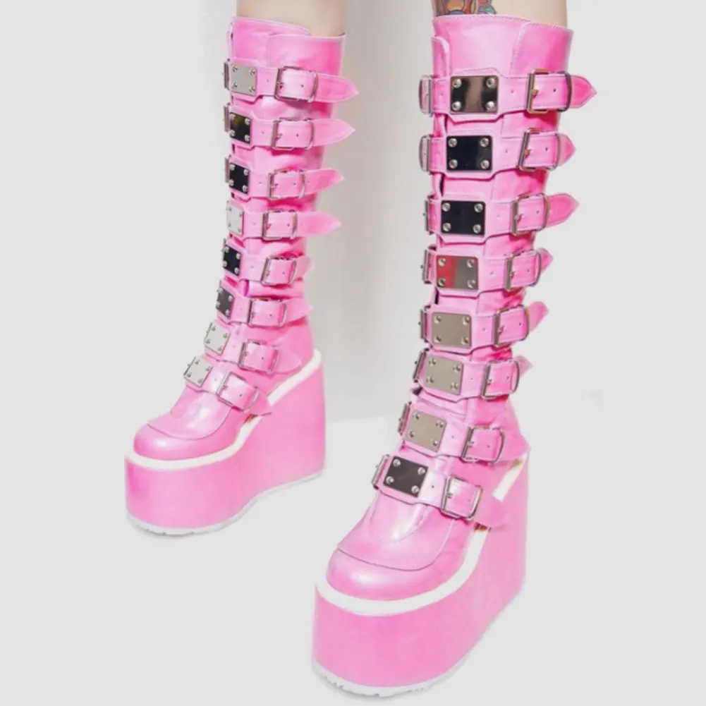 Brand Design Big Size 43 Black Gothic Style Cool Punk Motorcycles Boots Female Platform Wedges High Heels Calf Boots Women Shoes 