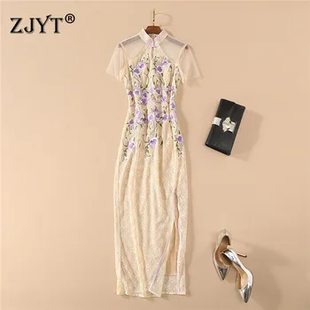 

Chinese Style Long Cheongsam Dress Women Summer Designers 2020 New Elegant Floral Embroidery Mesh Lace Dress Party Vestidos