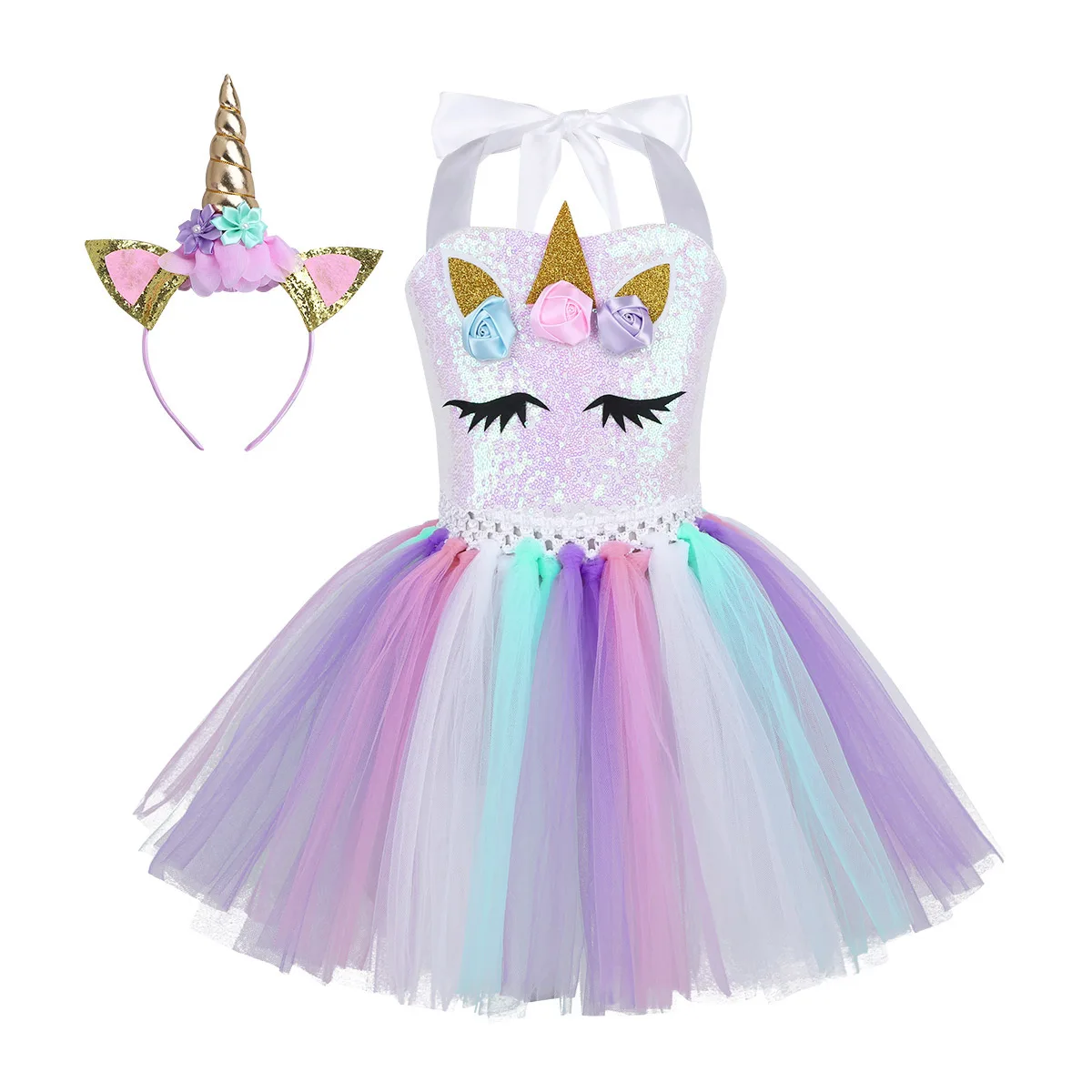 Beste TiaoBug Kids Cartoon Outfit 3D Bloemen Pailletten Mesh Tutu Jurk Haar Hoepel Engelenvleugels Set Meisjes Halloween Anime Cosplay Kostuum